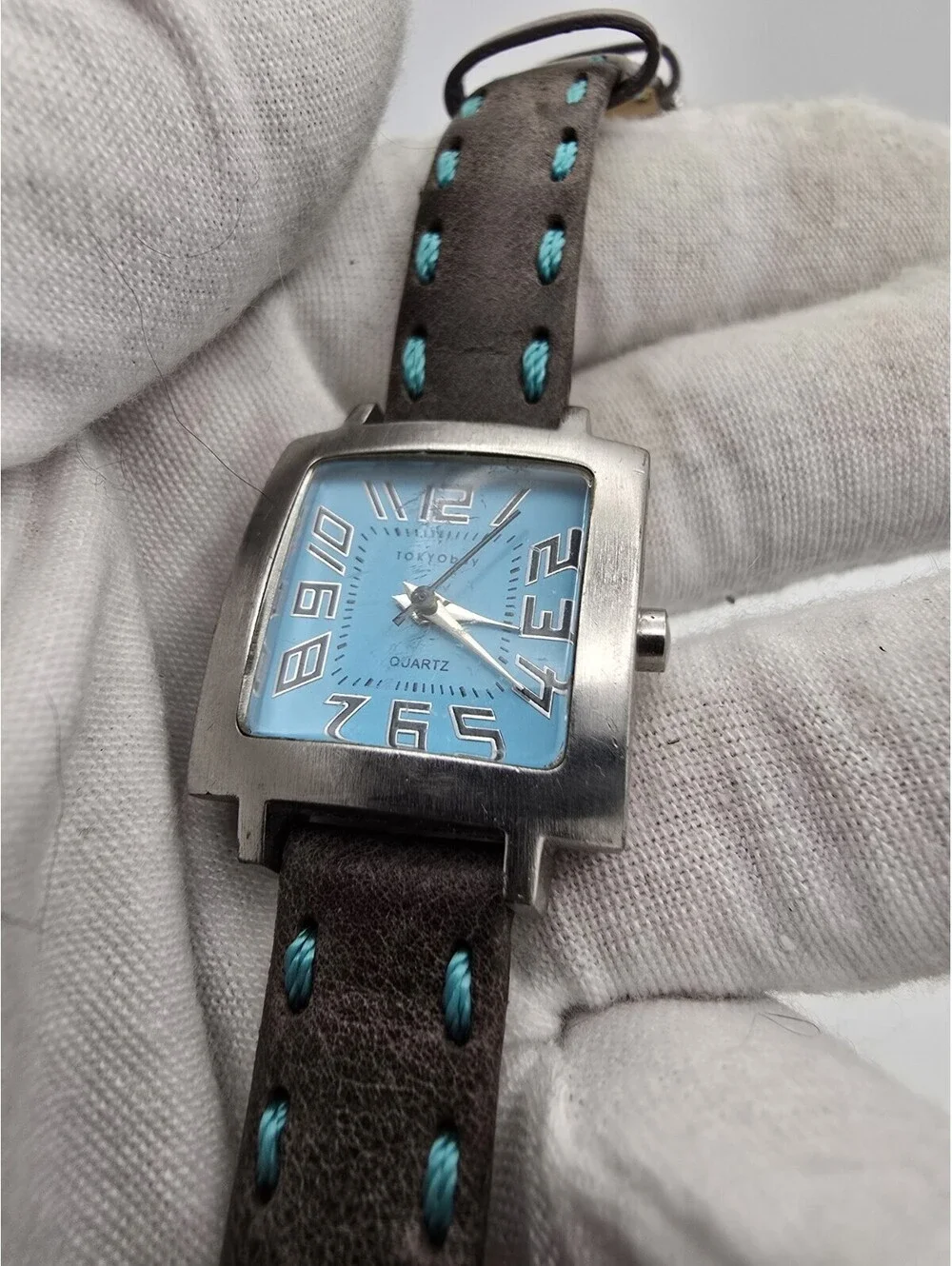 Tokyo Bay Blue Dial Square Quartz Watch with Brown Leather And Blue Stitch Band